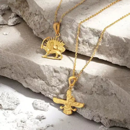 Shir & Khoorshid Gold Pendant with intricate Persian design, symbolizing power and love, crafted in 18K solid gold.
