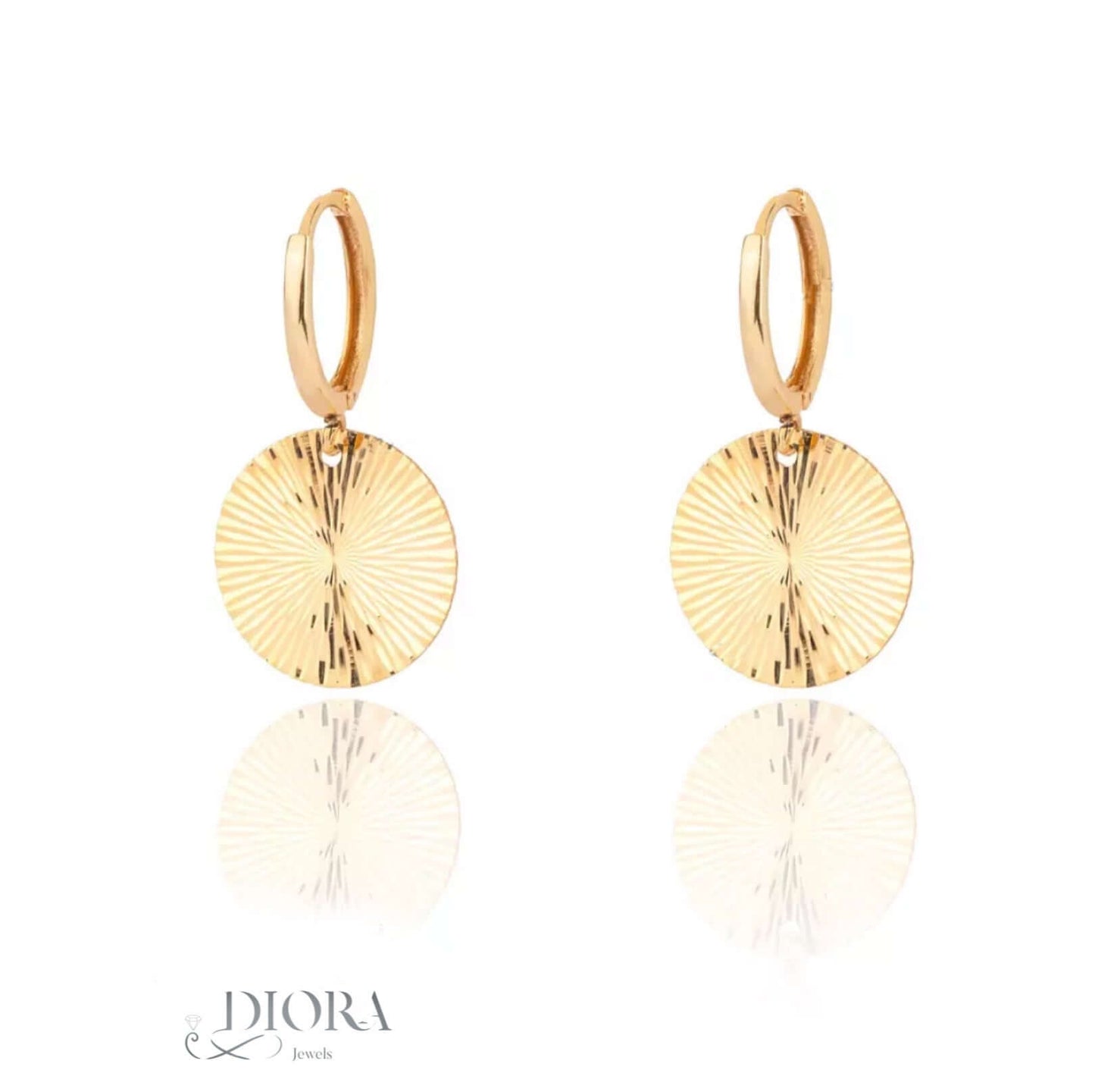 18k Disco Hoop Earrings featuring radiant sun-inspired design by Diora Jewels, elegant and lightweight at 2.8g.