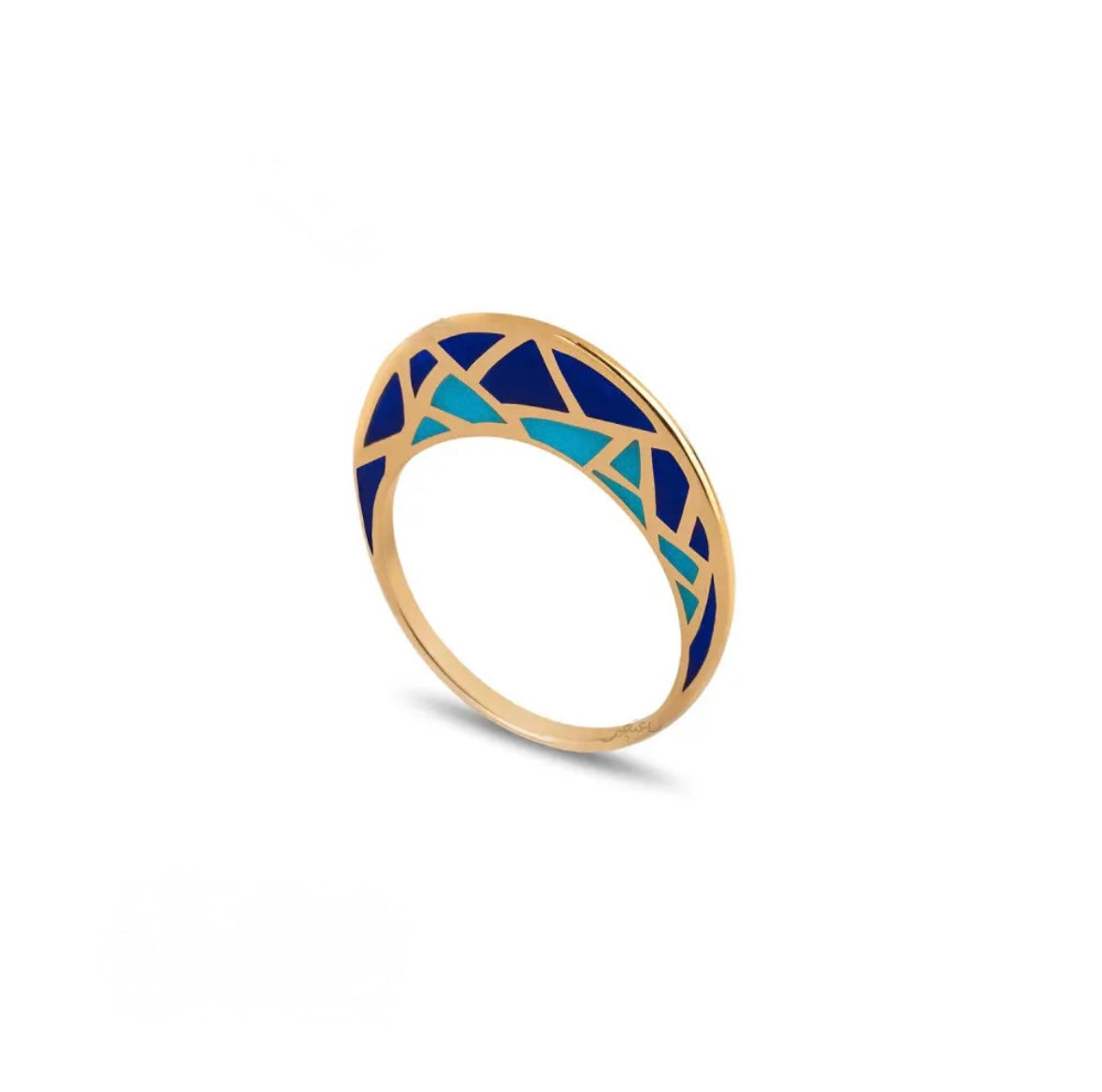 Gold ring with blue and turquoise geometric design on a white background