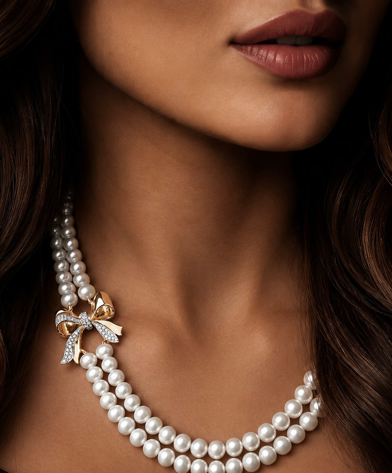18K Gold Double Pearl Necklace with Jewelled Bow