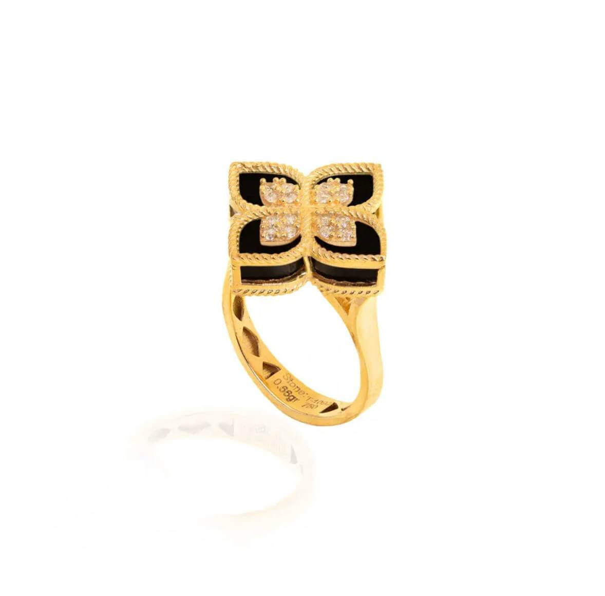 Gold Flower Ring With Onyx Stone