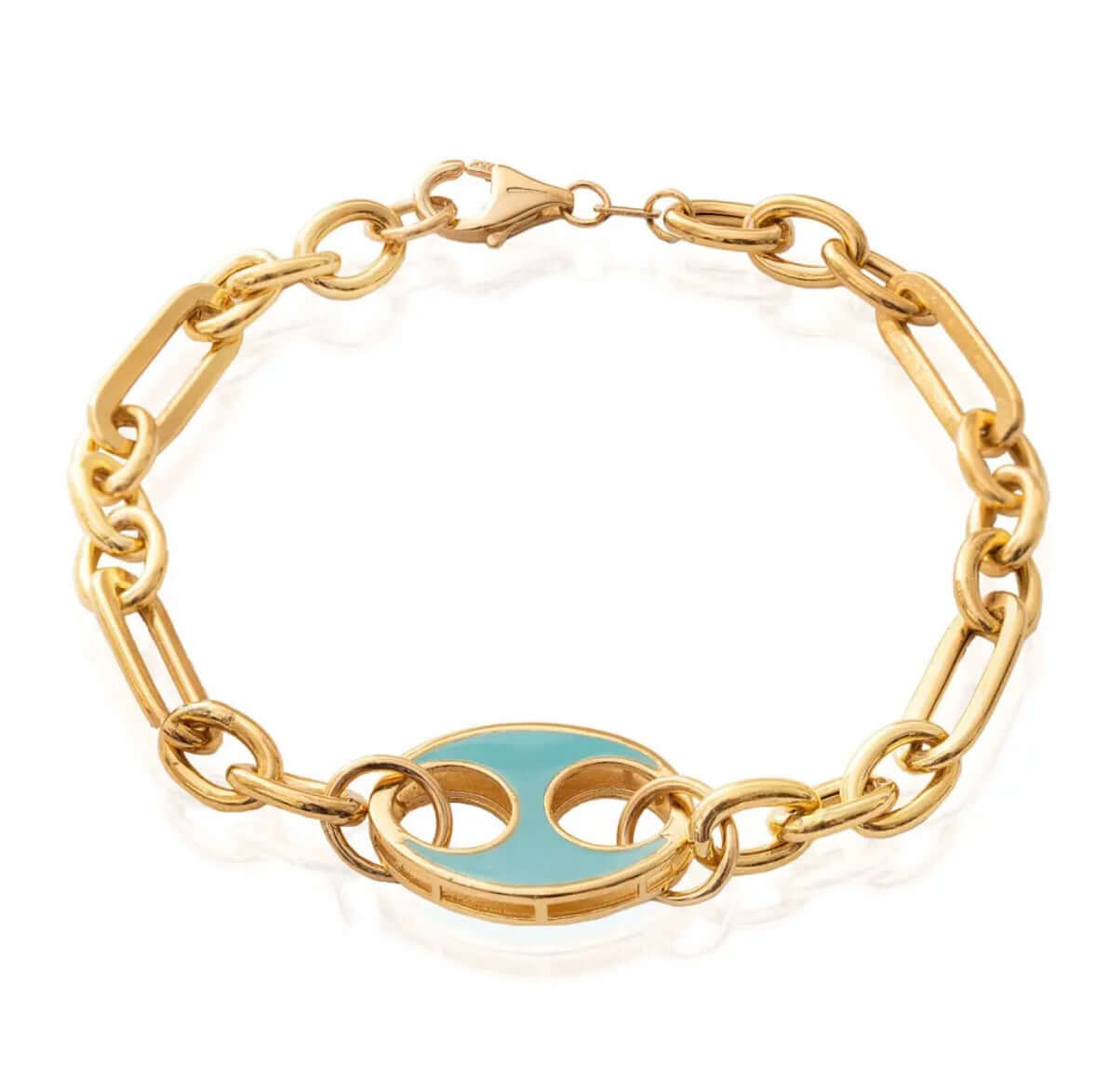 18K Mariner Link Turquoise Enamel Gold Bracelet featuring a bold gold mariner chain and vibrant turquoise enamel.