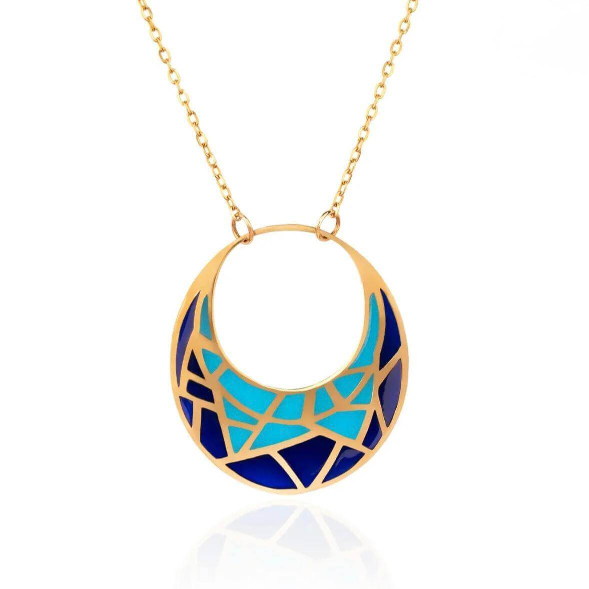 18K Skyline Gold Necklace featuring a geometric design with blue enamel and gold chain.