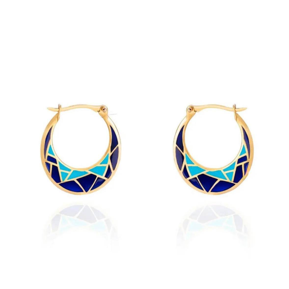 Gold hoop earrings with blue and turquoise geometric design on a white background
