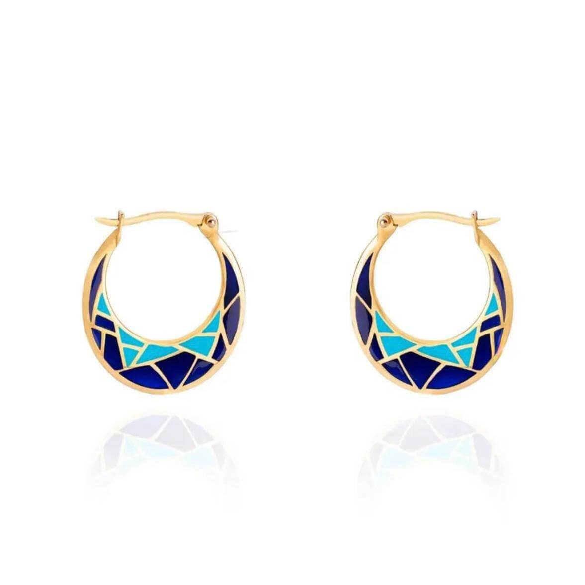 18K Skyline Gold Earrings featuring a geometric design in blue and turquoise enamel accents.