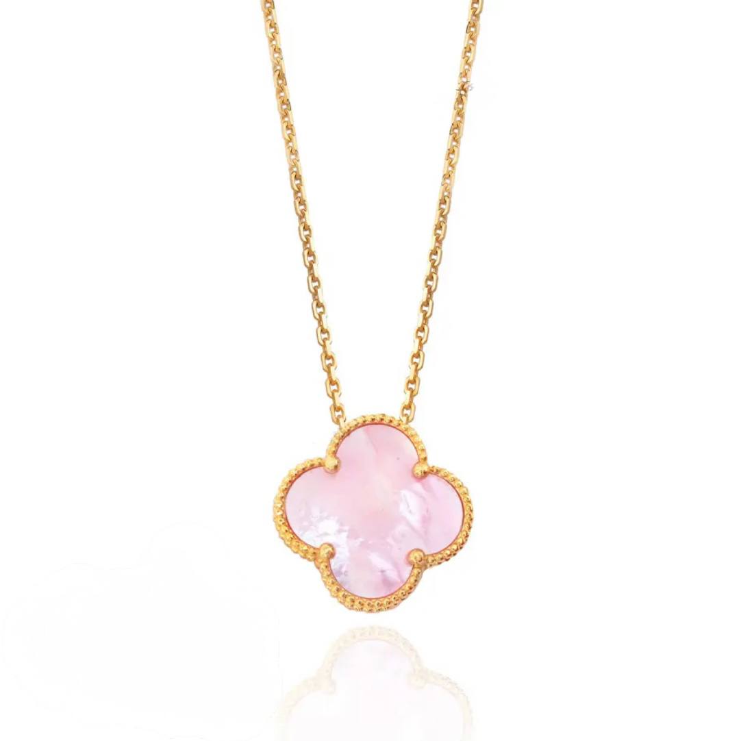 Gold Pink Mother of Pearl Clover Pendant Necklace