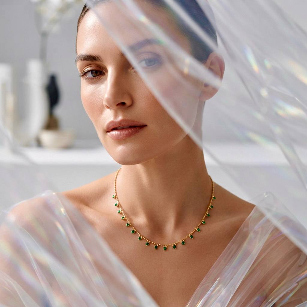 Gold Green Drop Charm Necklace