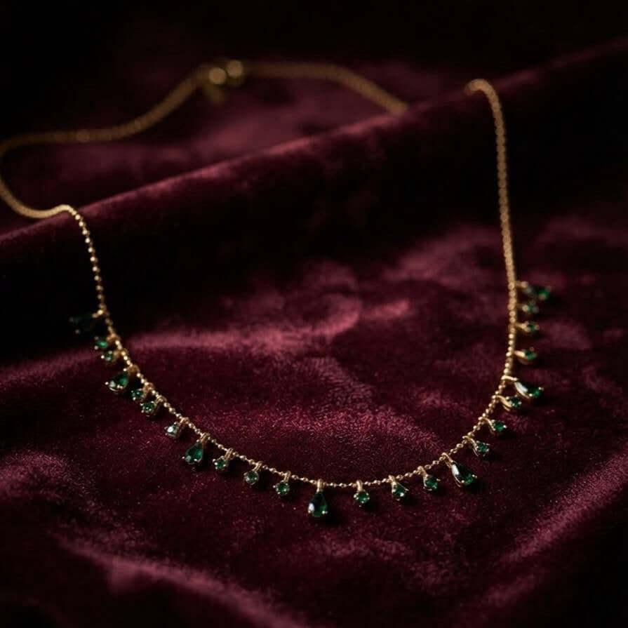 Gold Green Drop Charm Necklace