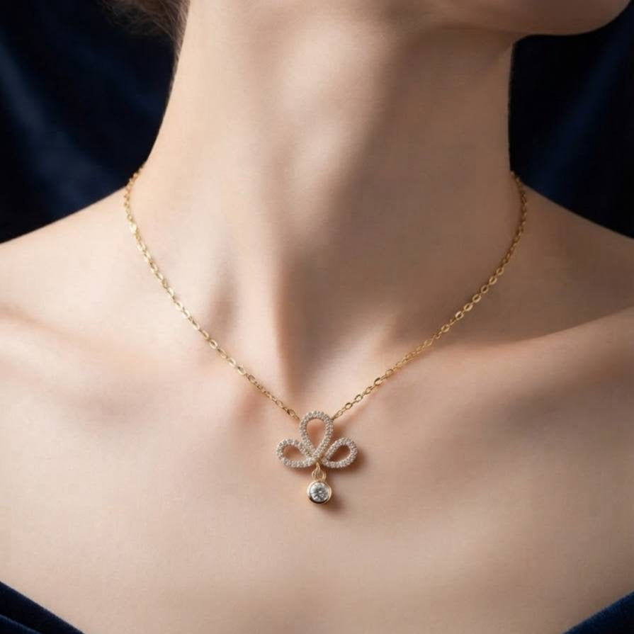 Gold Pave Clover Drop Necklace