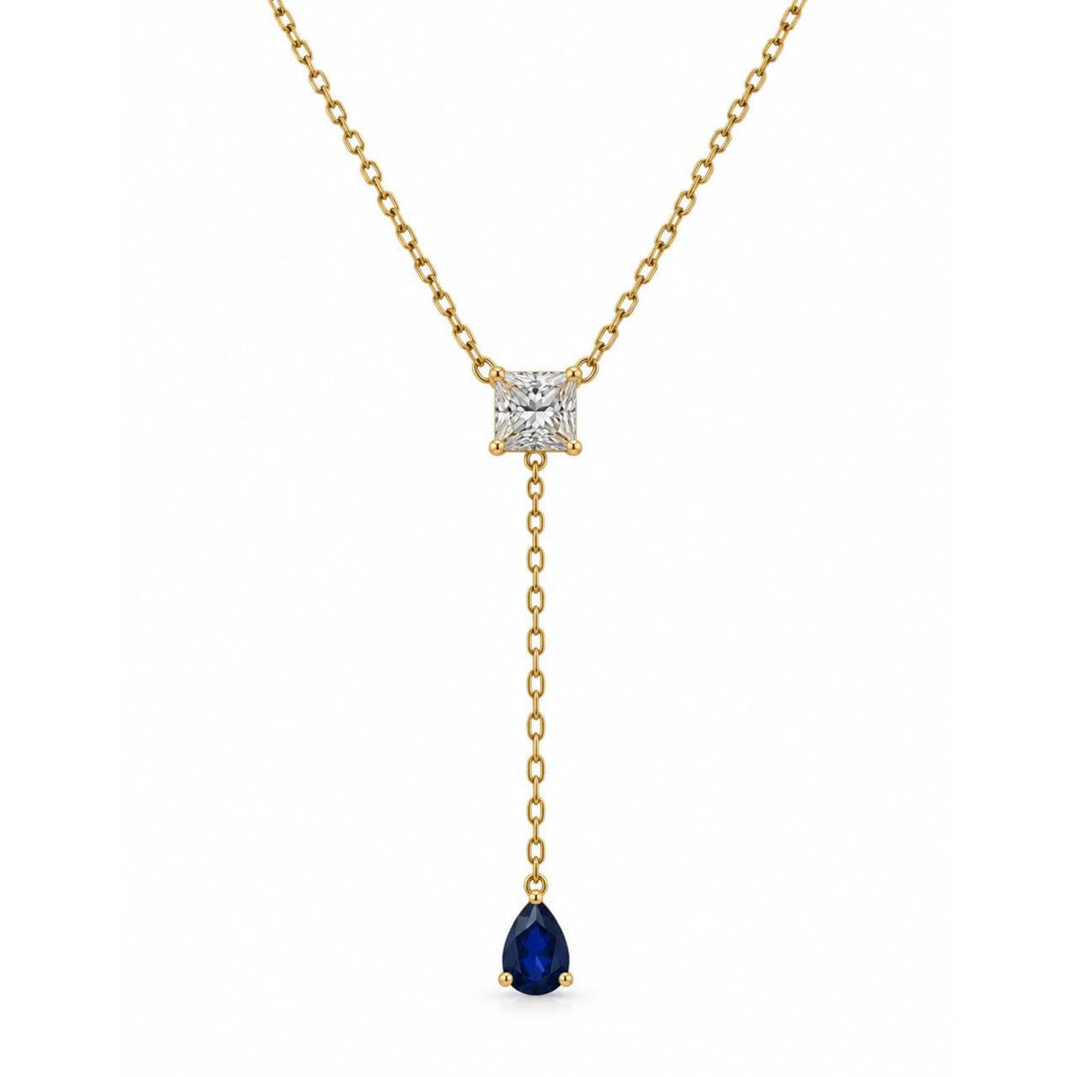 Gold Square & Sapphire Drop Necklace