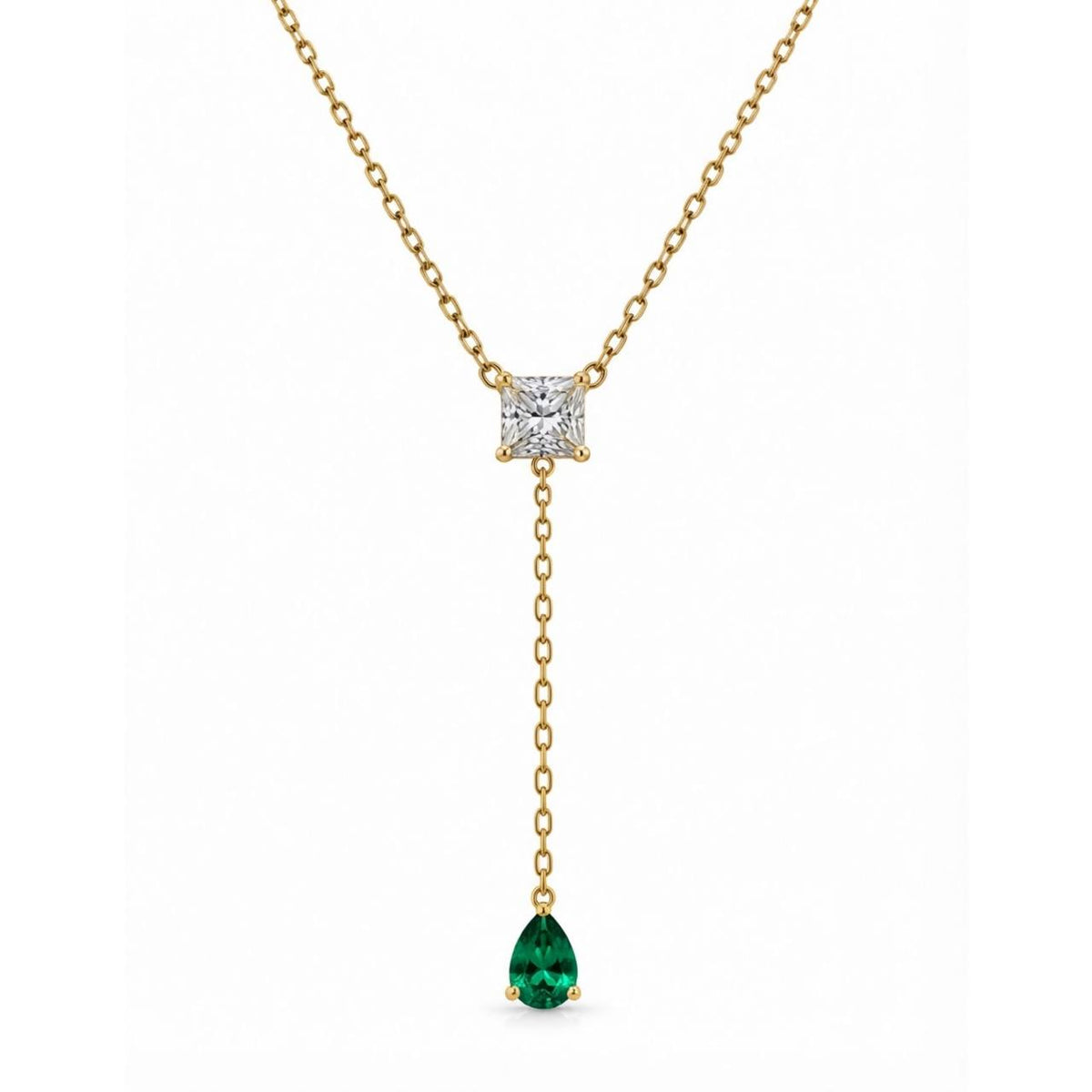 Gold Square & Emerald Drop Necklace