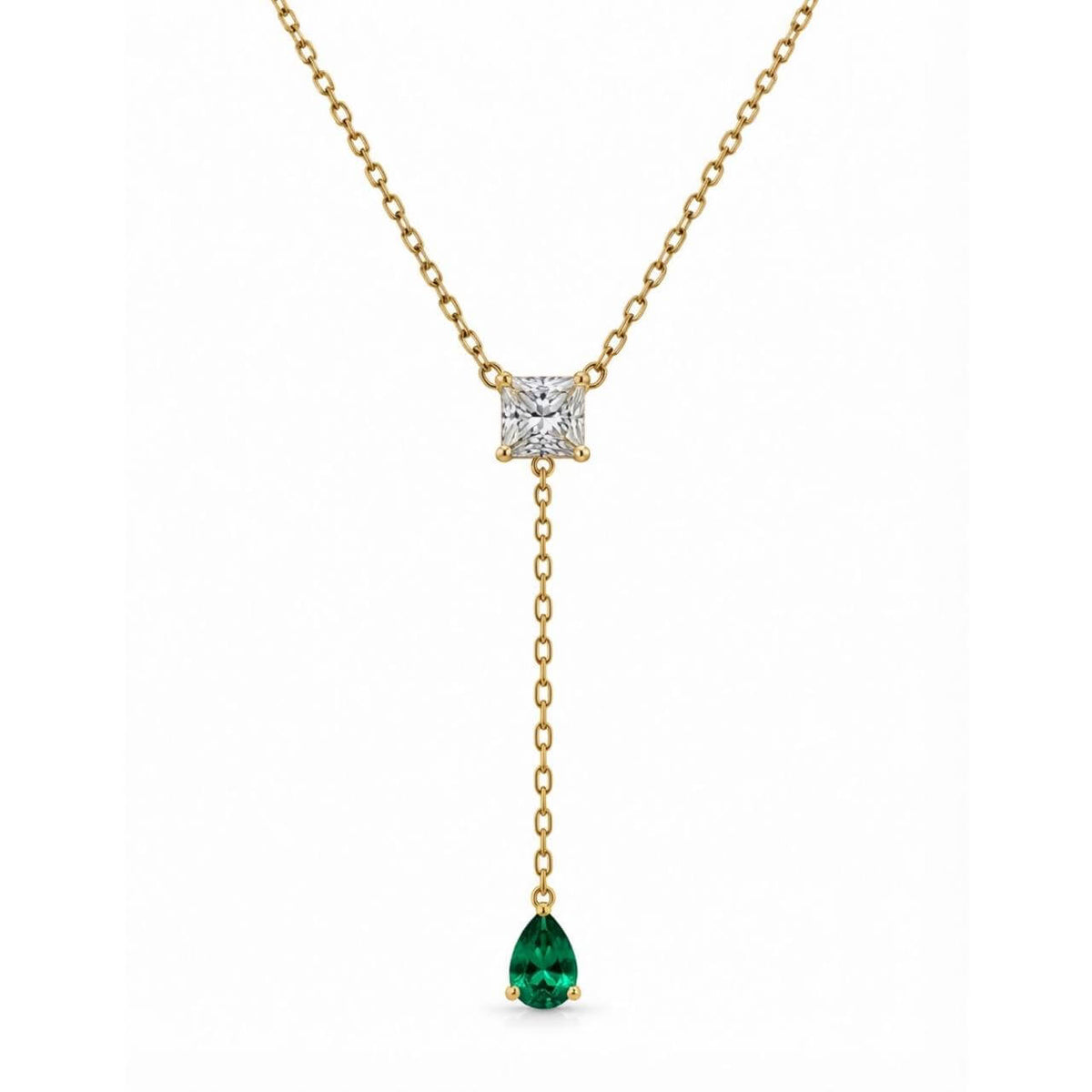 Gold Square & Emerald Drop Necklace