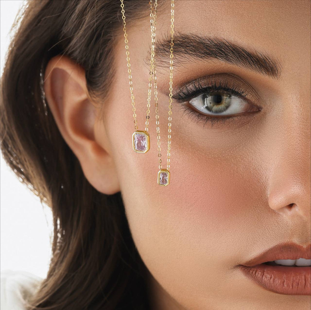 Gold Pink Emerald Cut Necklace