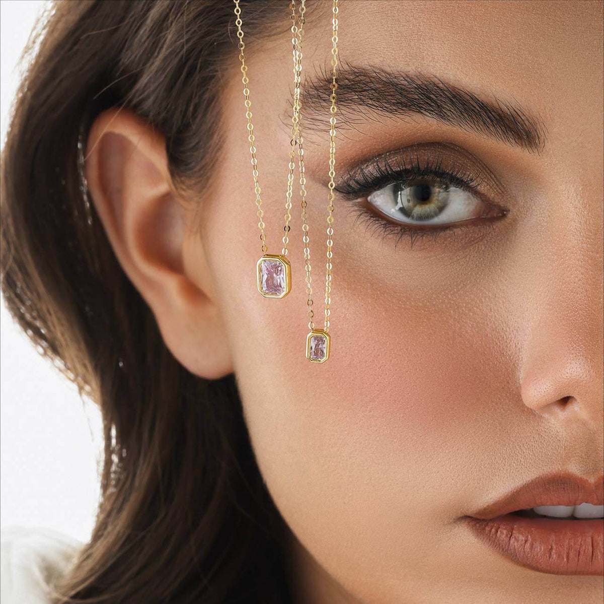 Gold Pink Emerald Cut Necklace