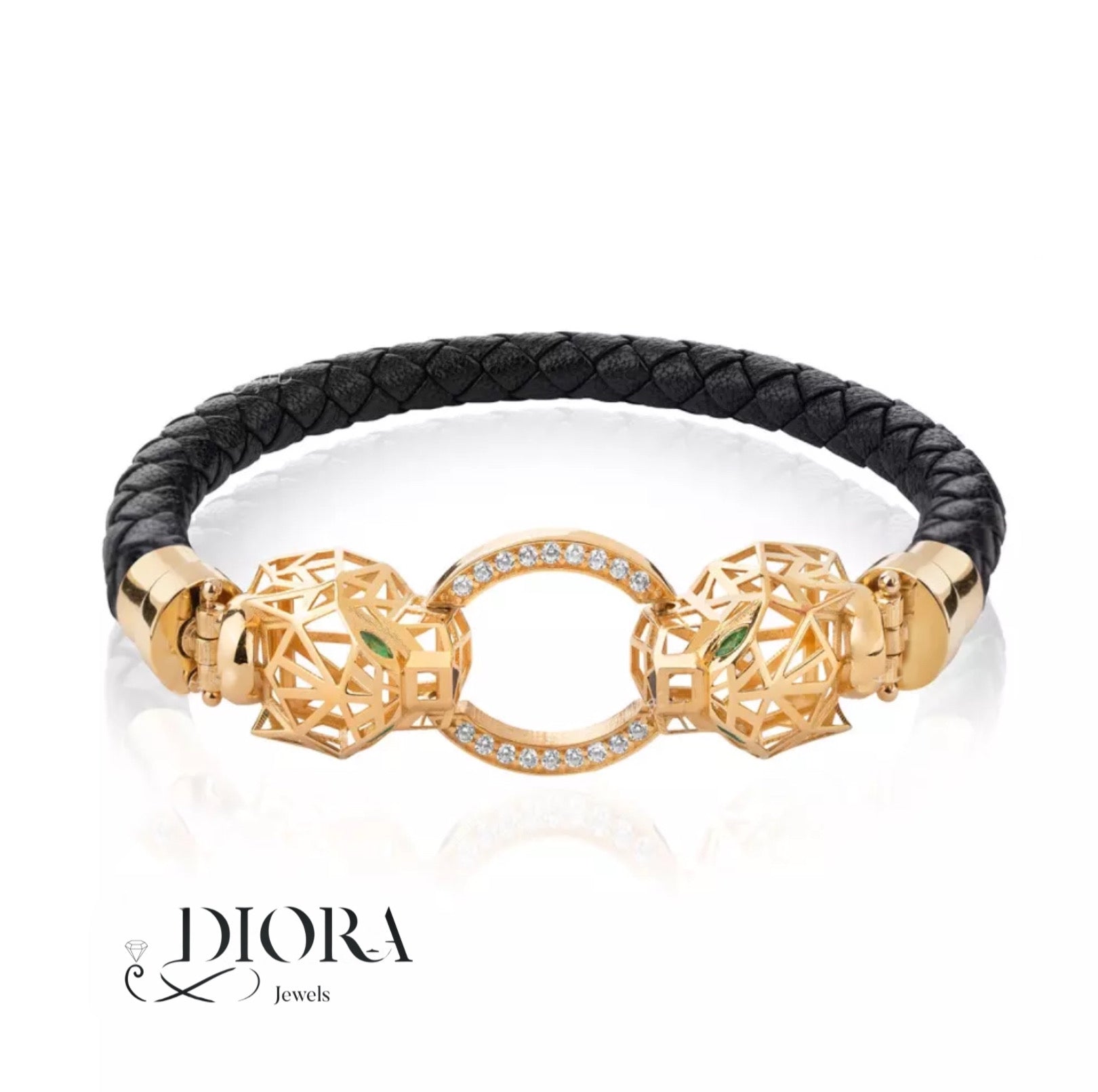 A Diora branded gold bracelet featuring a geometric panther design with diamonds, complemented by a black leather strap.