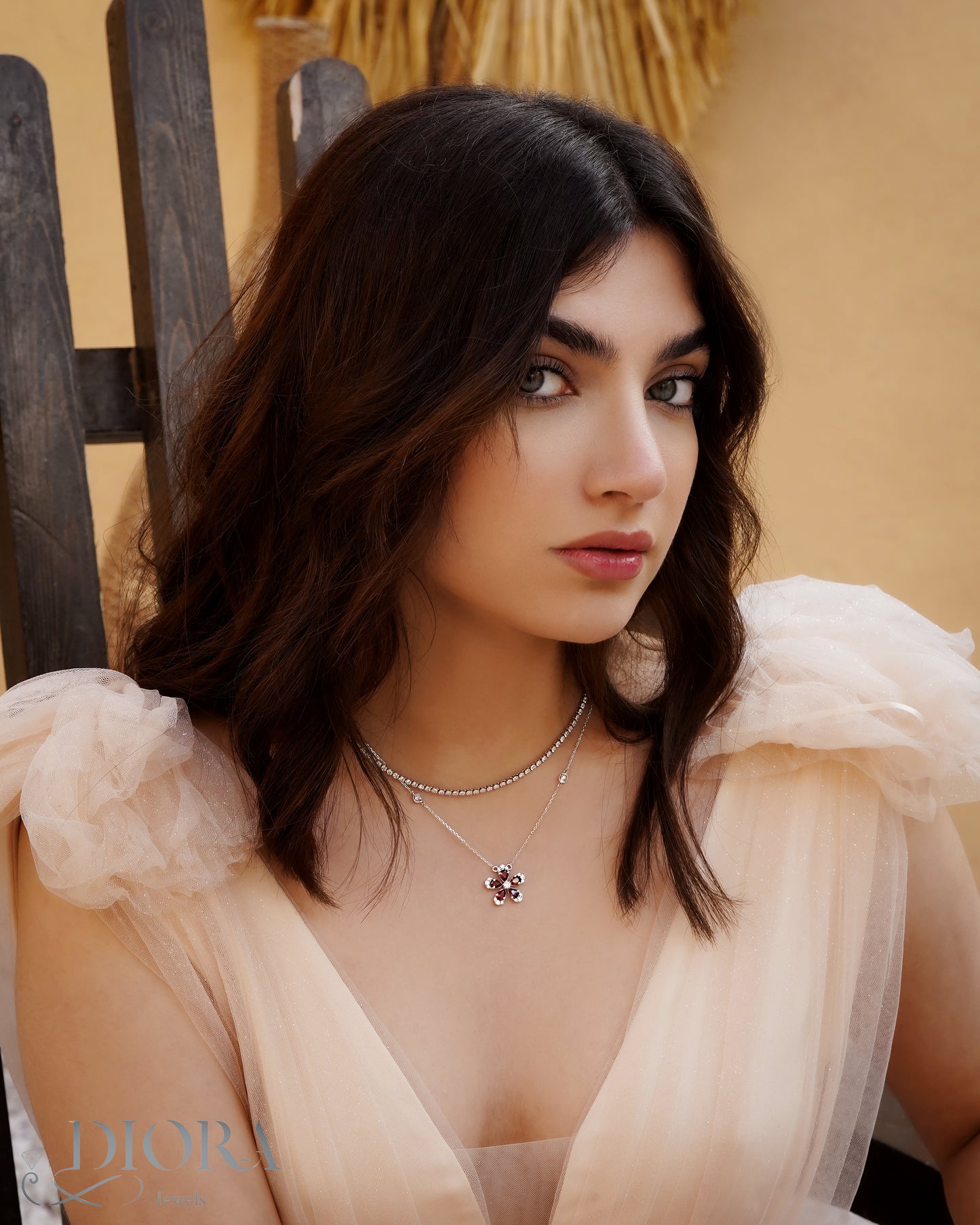 Jewelled Cherry Flower Gold Necklace