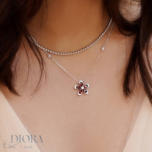 Jewelled Cherry Flower Gold Necklace