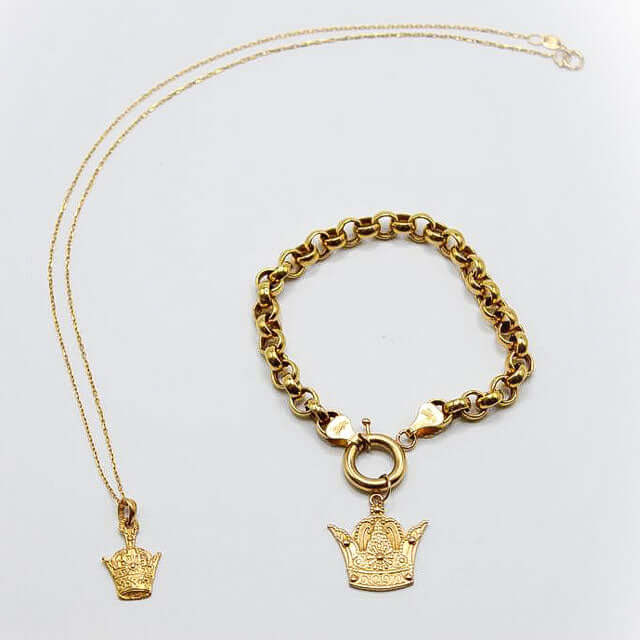 Pahlavi Crown Gold Pendant -Small, featuring a gold crown pendant and bracelet showcasing Persian pride and elegance.