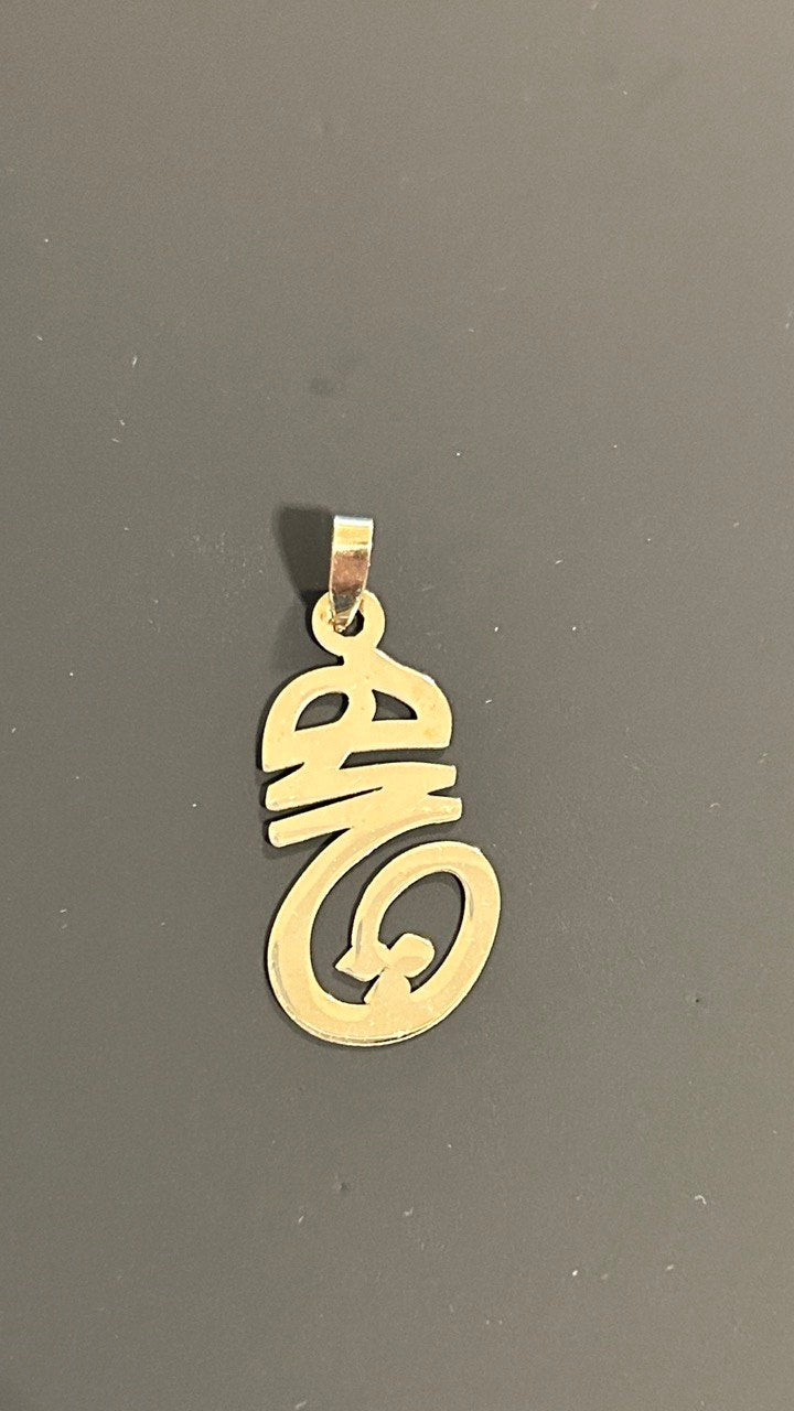 A gold-colored pendant with the word 'HICH' in bold, cursive script.