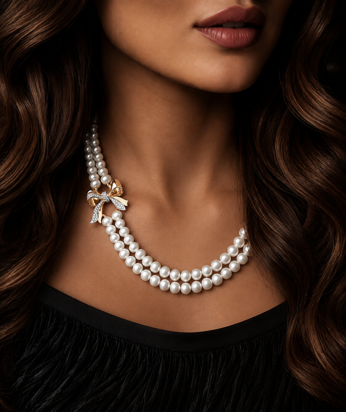 18K Gold Double Pearl Necklace with Jewelled Bow