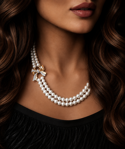 18K Gold Double Pearl Necklace with Jewelled Bow