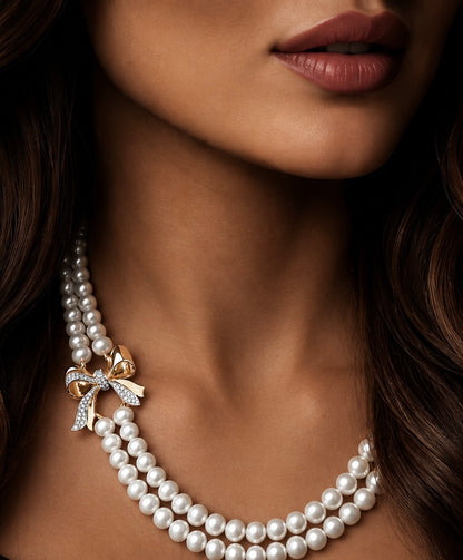 18K Gold Double Pearl Necklace with Jewelled Bow
