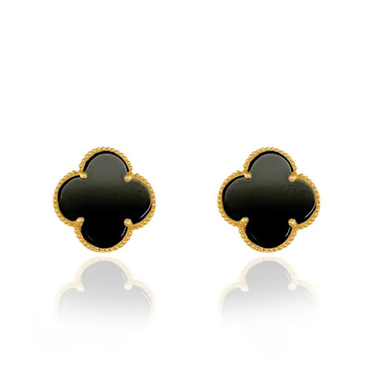 Onyx Clover Gold Stud Earrings