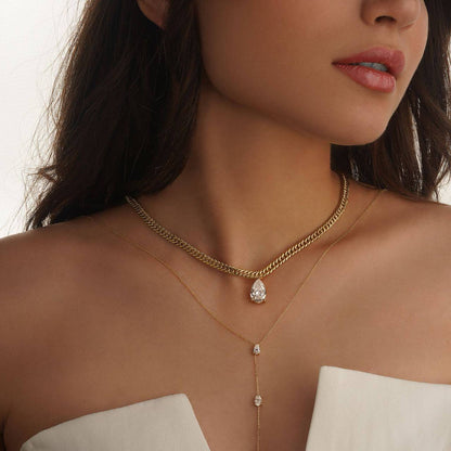 18K Cuban Chain Necklace with Tear Drop Stone