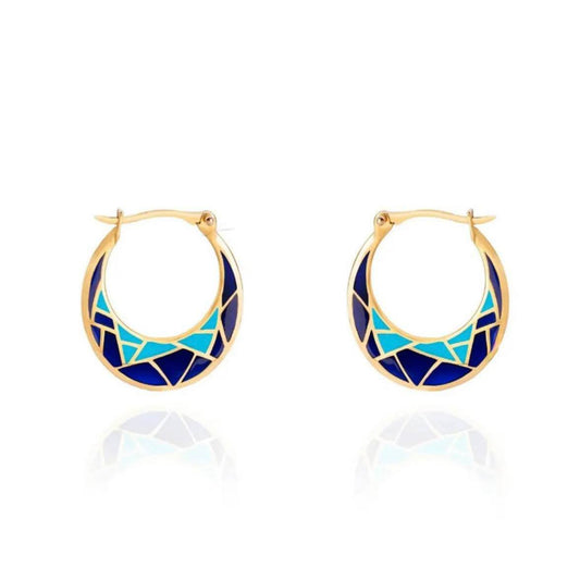 Gold hoop earrings with blue and turquoise geometric design on a white background