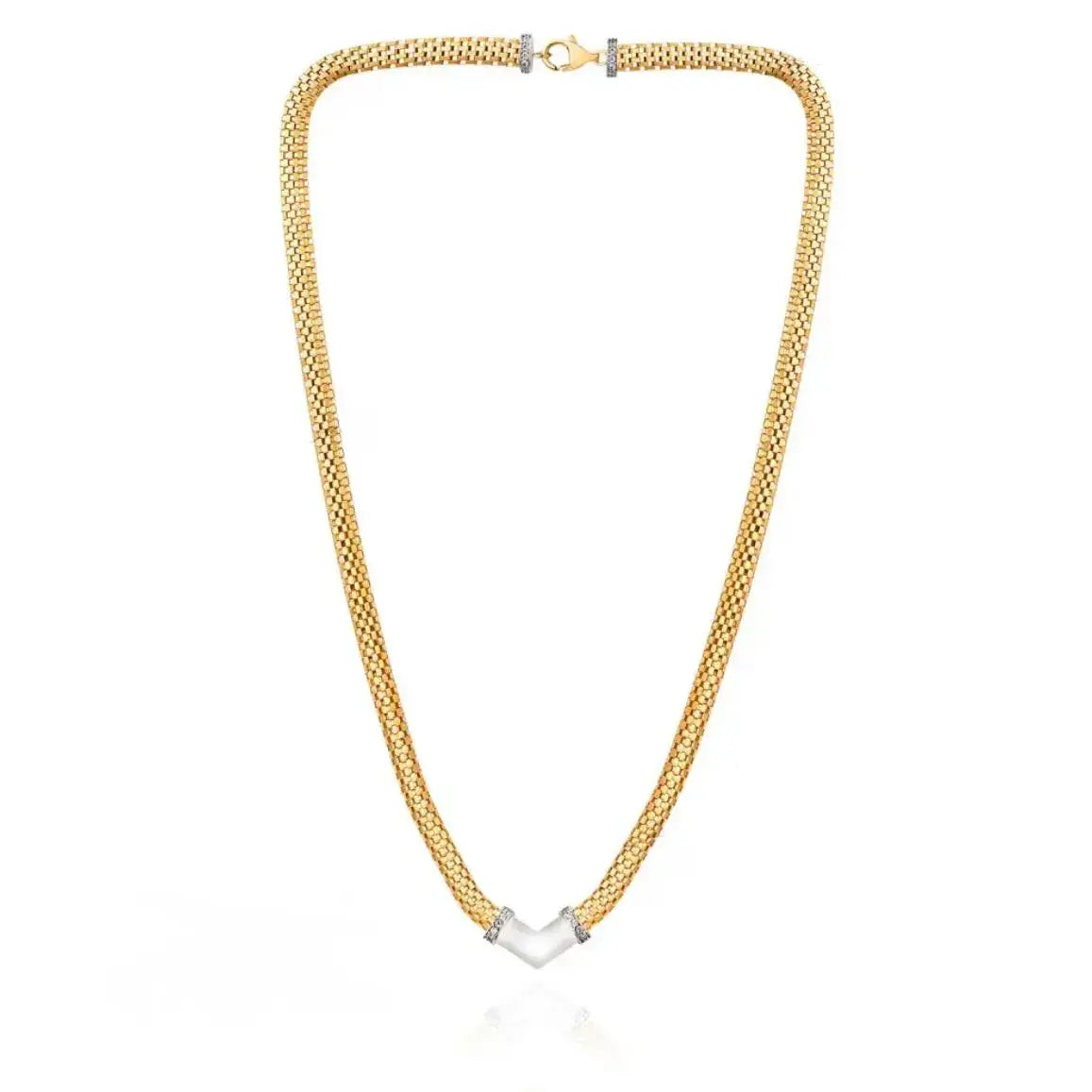 18K Jessica Gold Necklace featuring a textured yellow gold chain and V-shaped diamond pavé pendant.