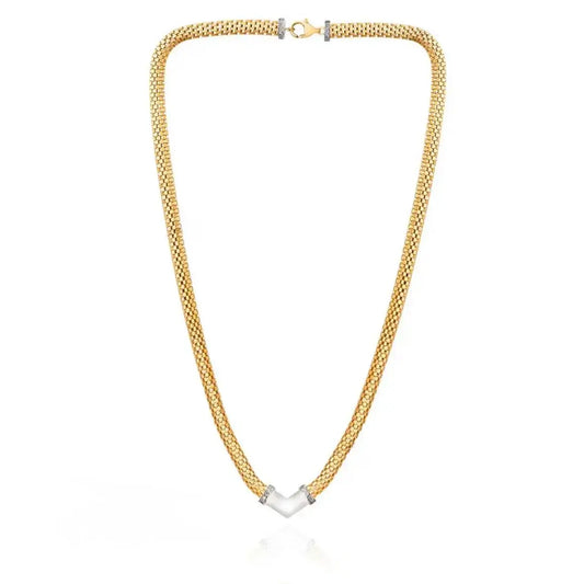18K Jessica Gold Necklace featuring a textured yellow gold chain and V-shaped diamond pavé pendant.