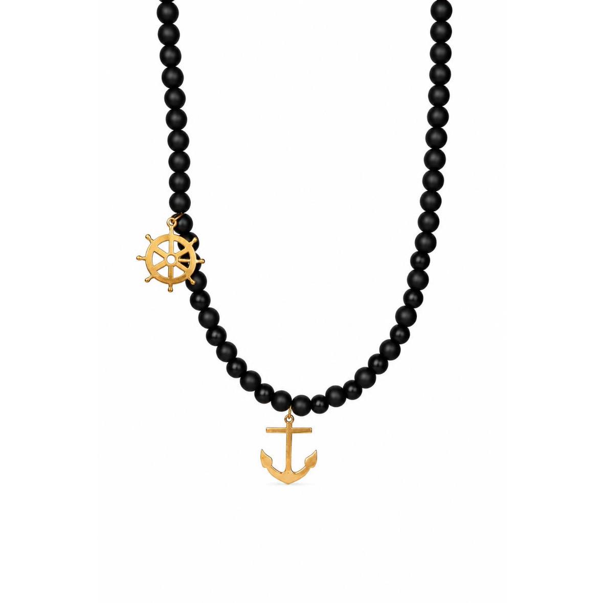 Black Bead Gold Anchor Necklace