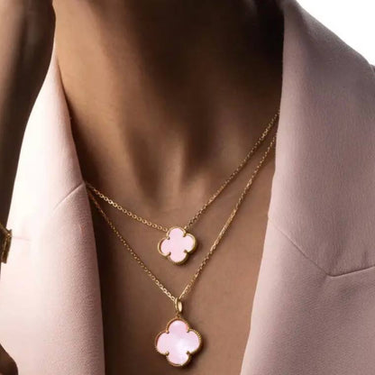 Gold Pink Mother of Pearl Clover Pendant Necklace