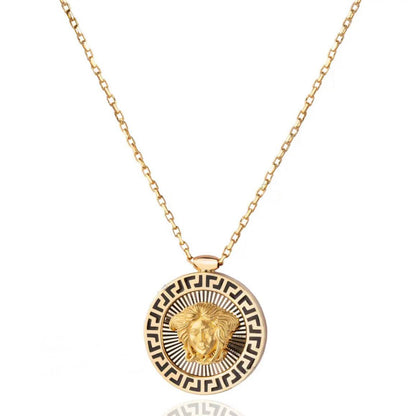 Gold Medusa Round Pendant Necklace