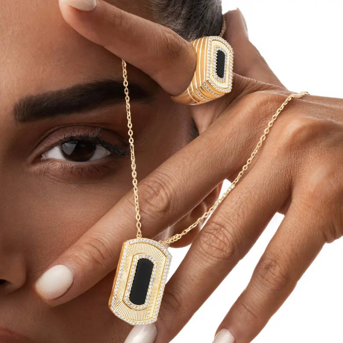 Gold Black Rectangle Pendant Necklace