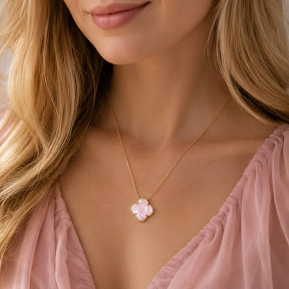 Gold Pink Mother of Pearl Clover Pendant Necklace
