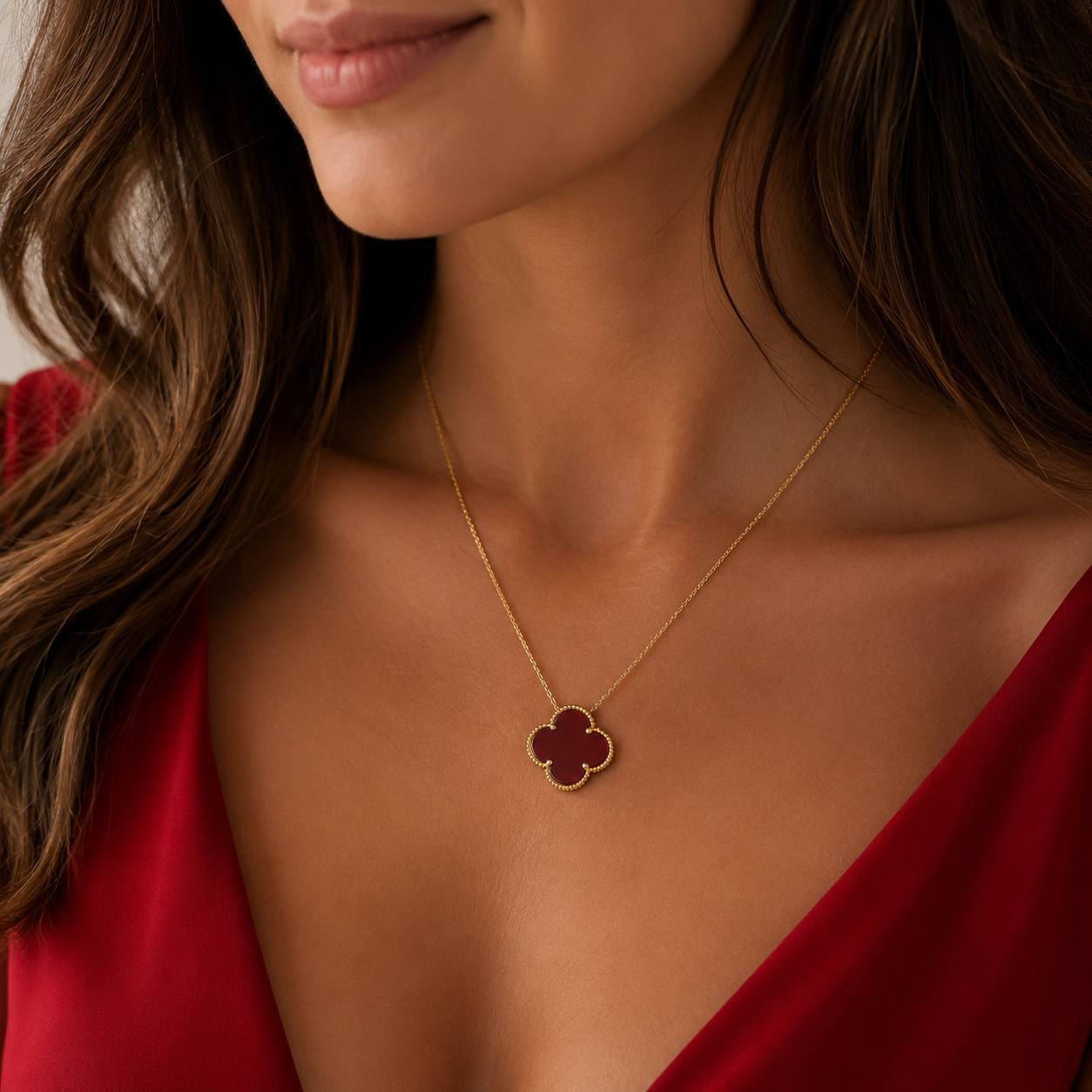 Gold Red Mother of Pearl Clover Pendant Necklace