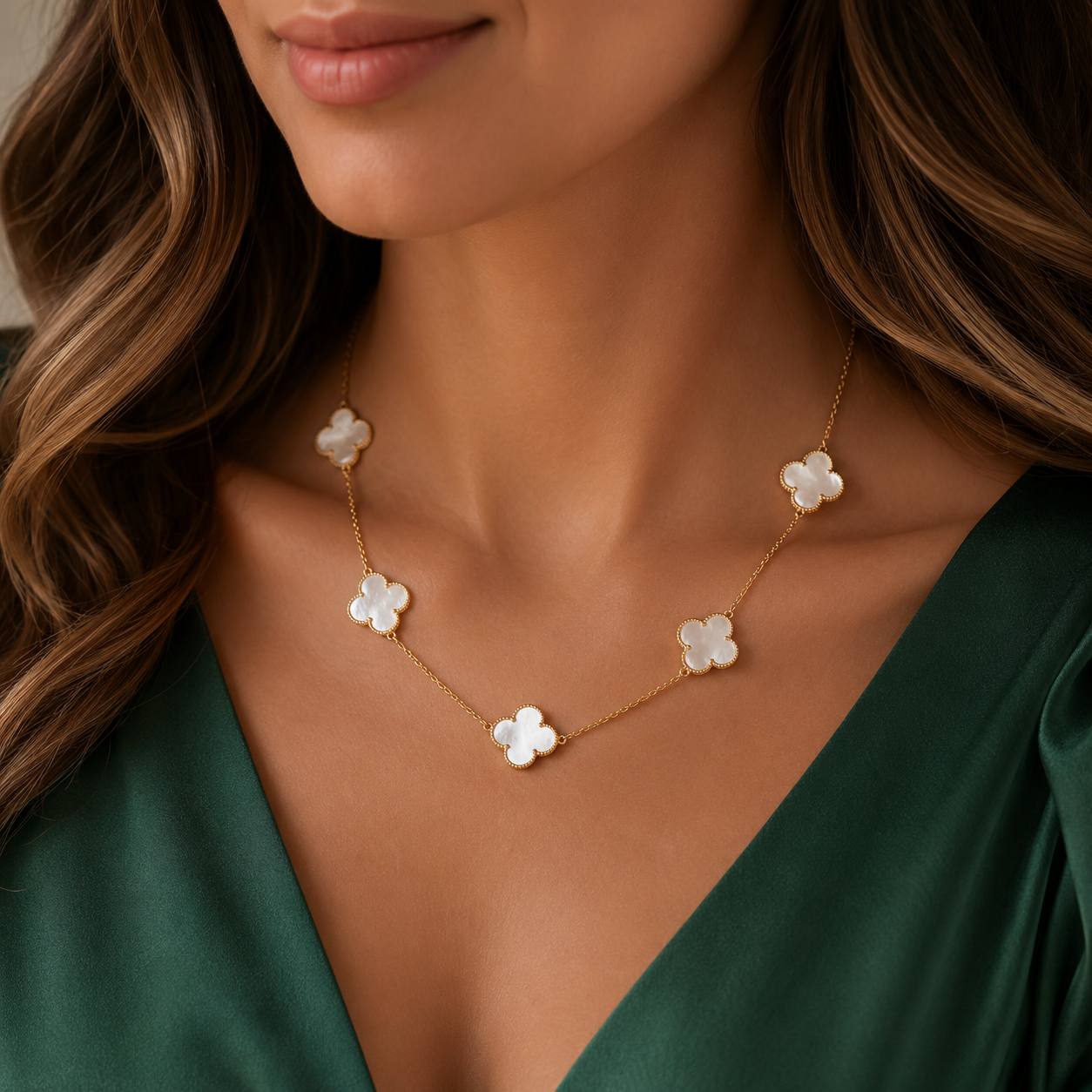 Gold Five Flower Mother of Pearl Necklace