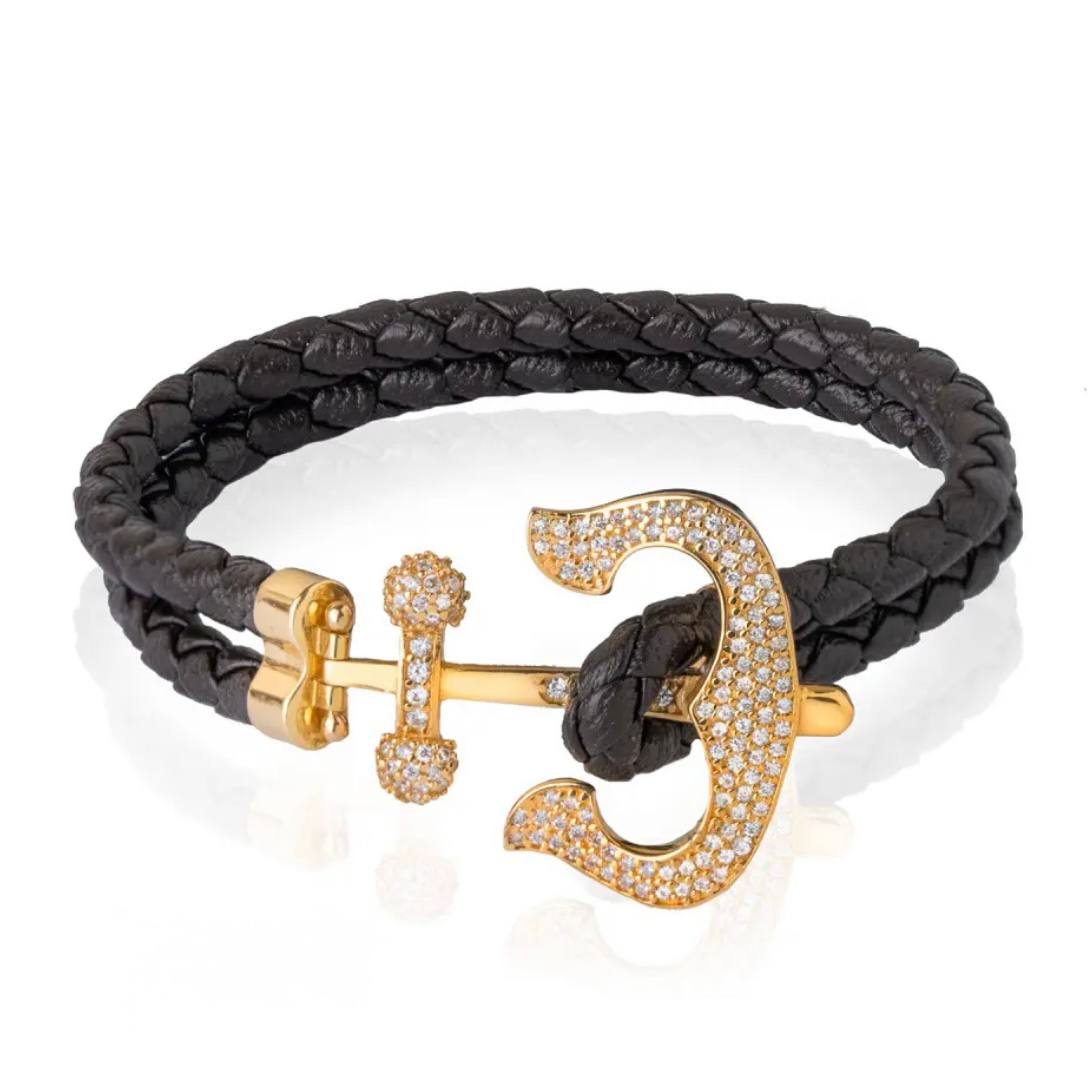 Leather Gold Anchor Plaque Bracelet