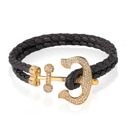 Leather Gold Anchor Plaque Bracelet