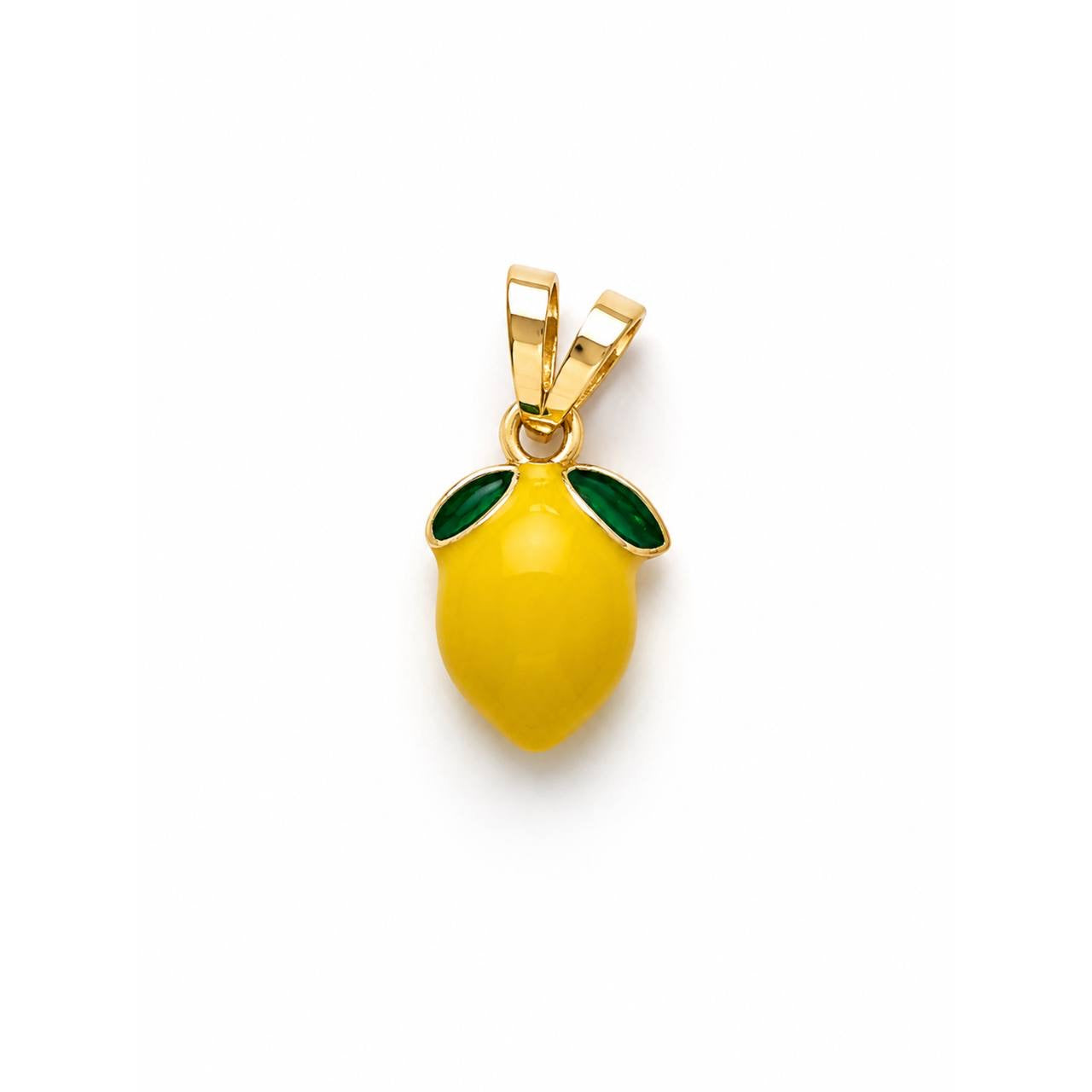 A yellow lemon pendant charm with green leaf accents and a gold-tone bail, shown on a plain white background.