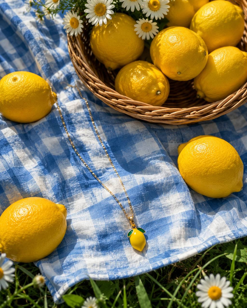 A lemon pendant necklace lies on a blue and white checkered blanket outdoors on grass, surrounded by lemons, a wicker basket of lemons, and white daisies.