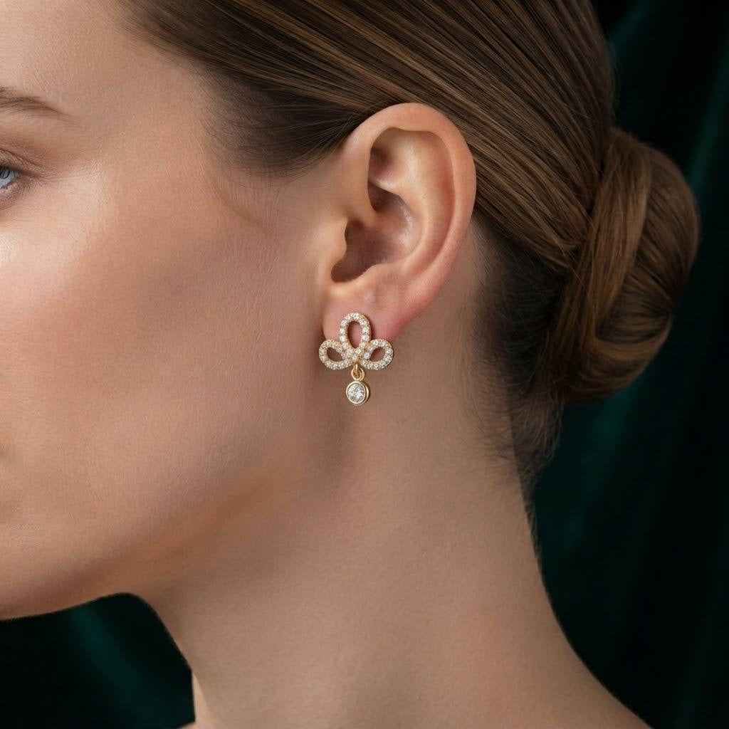 Gold Pave Clover Drop Earrings