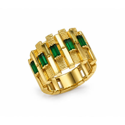 Gold Green Baguette Geometric Ring