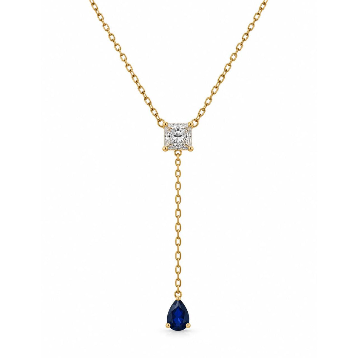 Gold Square & Sapphire Drop Necklace