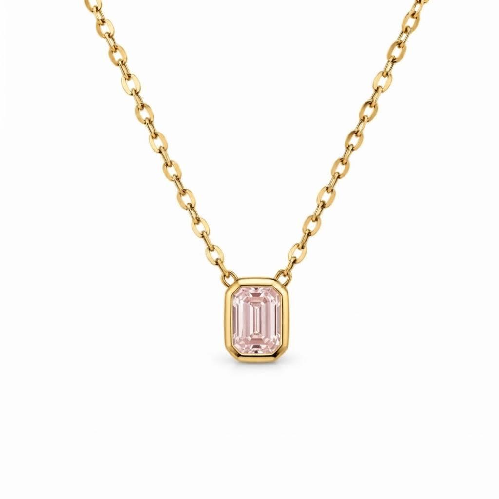 Gold Pink Emerald Cut Necklace